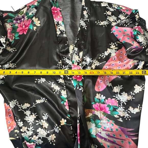 Womens Black Satin Kimono Robe Peacock and Blossoms Nightgown Sleepwear O/S - Picture 9 of 9